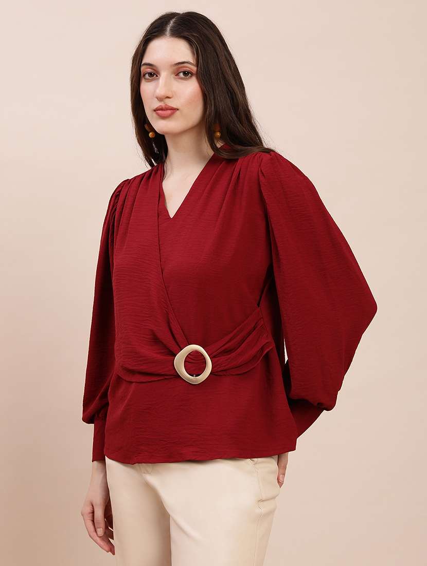 women solid overlap neck puff sleeve regular top - 22263535 -  Standard Image - 1