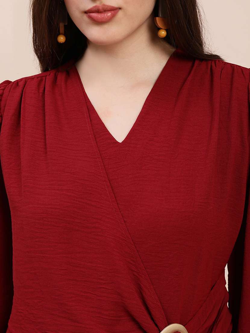 women solid overlap neck puff sleeve regular top - 22263535 -  Standard Image - 4