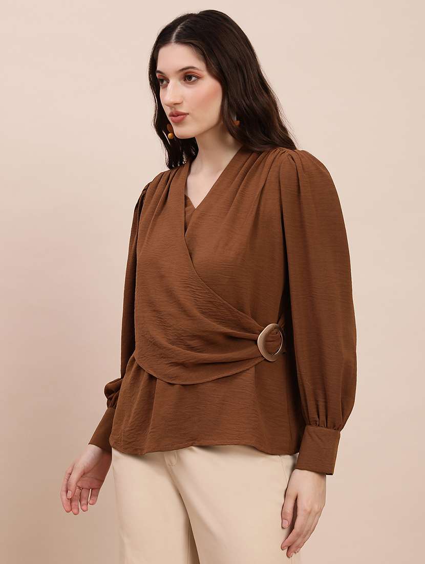 globus women brown v-neck cuff sleeves self design buckle detail workwear top - 22263536 -  Standard Image - 1