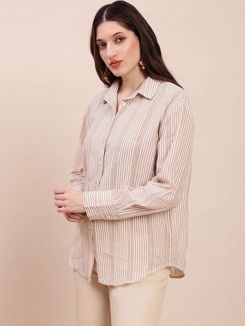 globus women brown collared neck cuffed sleeves striped asymmetric back hem oversized shirt - 22263538 -  Standard Image - 1
