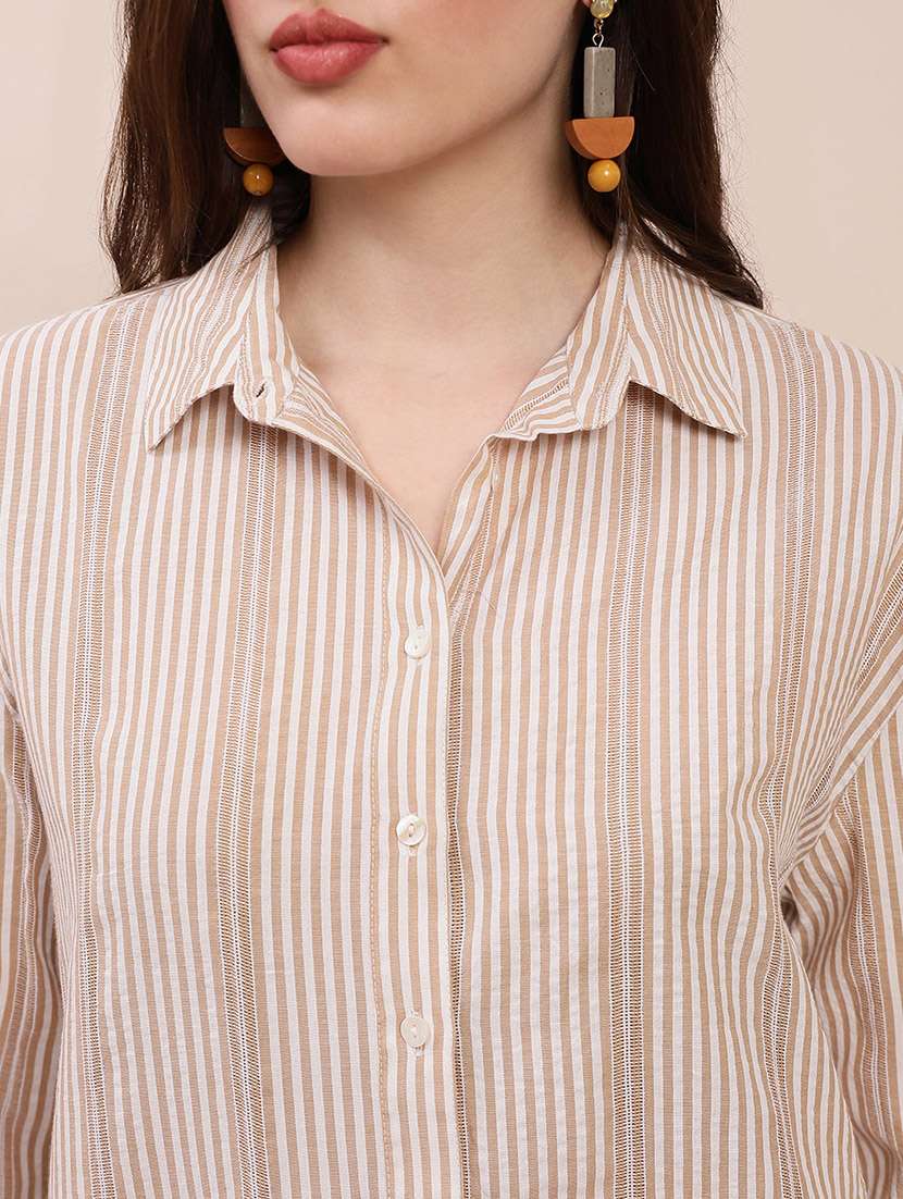 globus women brown collared neck cuffed sleeves striped asymmetric back hem oversized shirt - 22263538 -  Standard Image - 4