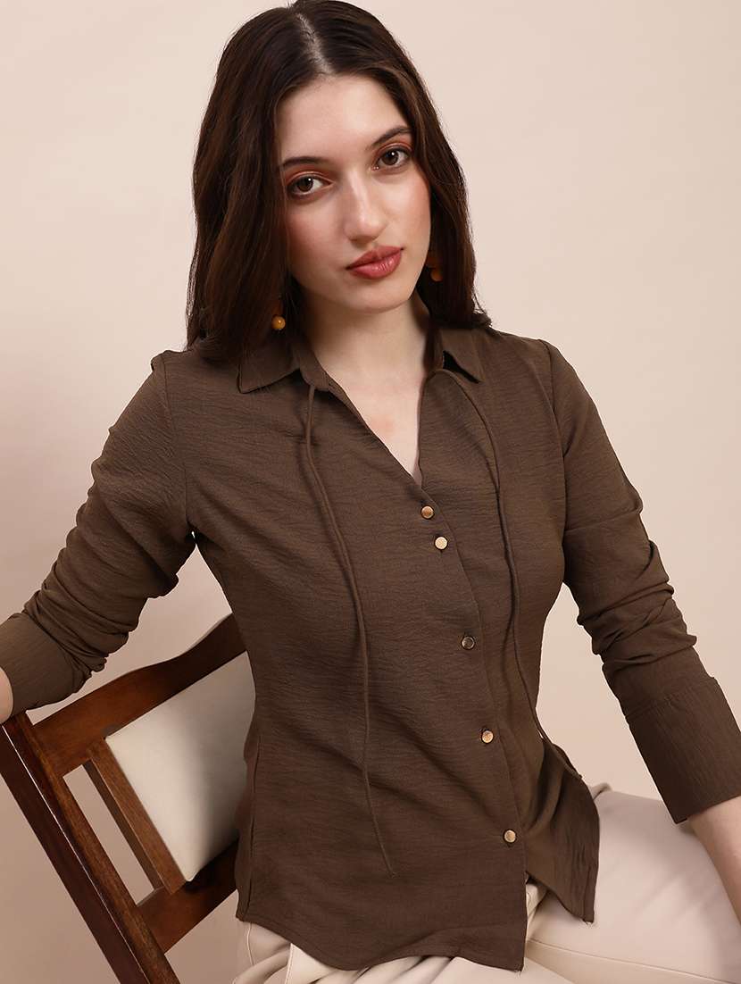 women solid collared long sleeve shirt