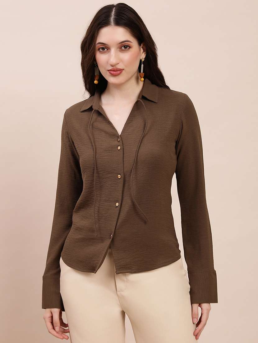 women solid collared long sleeve shirt - 22263544 -  Standard Image - 1