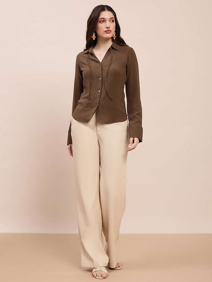 women solid collared long sleeve shirt - 22263544 -  Standard Image - 4