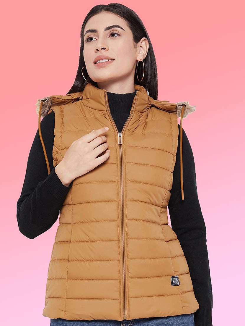 women solid sleeveless hooded quilted jacket - 22263662 -  Standard Image - 1