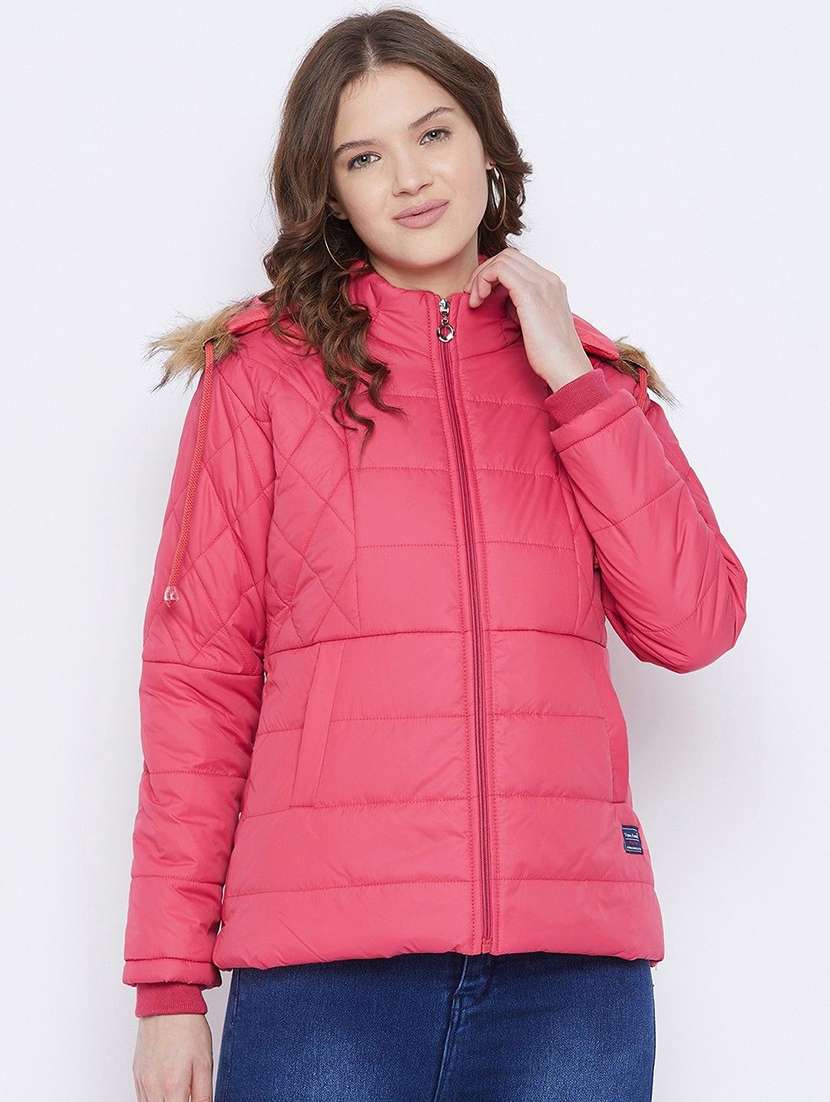 women solid long sleeve hooded quilted jacket