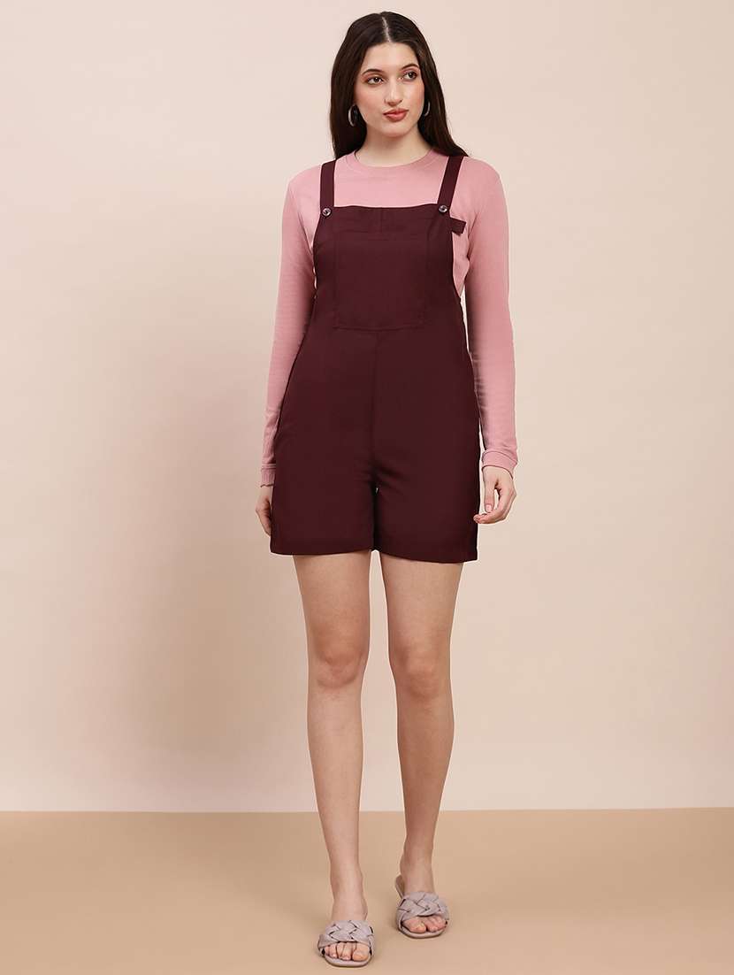 globus women wine square neck shoulder straps solid big front pocket playsuit