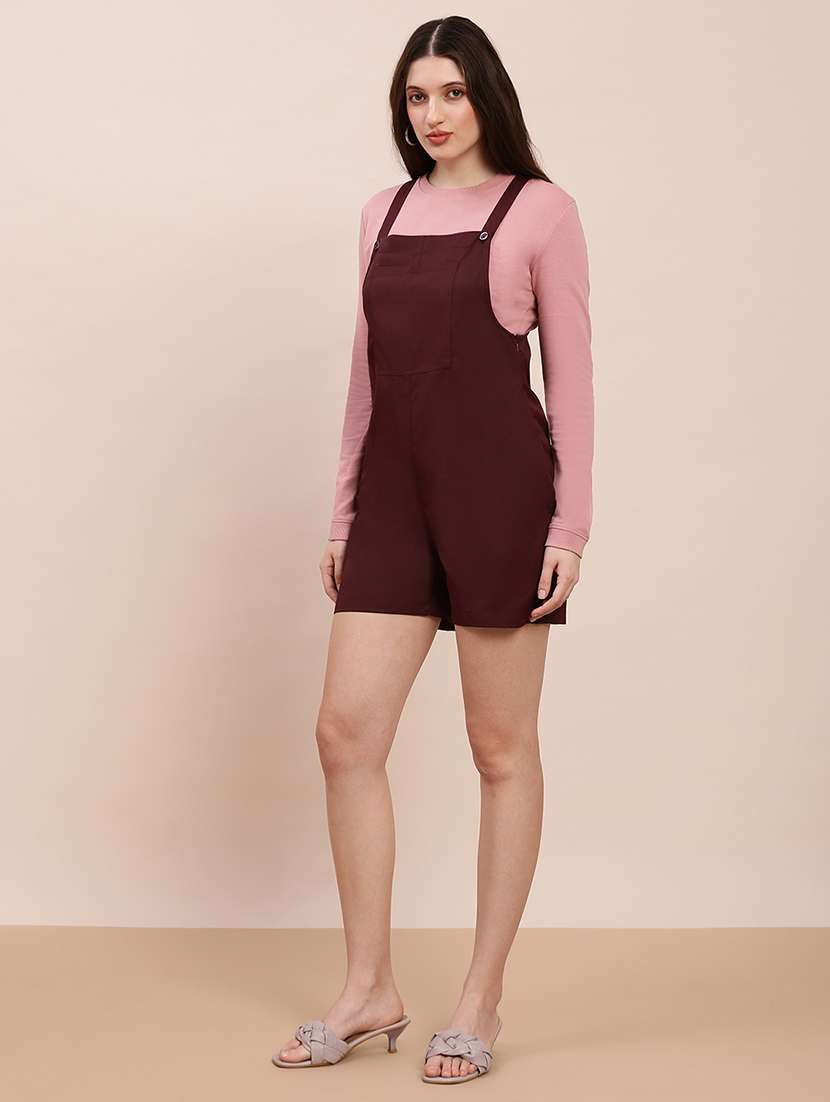 globus women wine square neck shoulder straps solid big front pocket playsuit - 22263858 -  Standard Image - 1