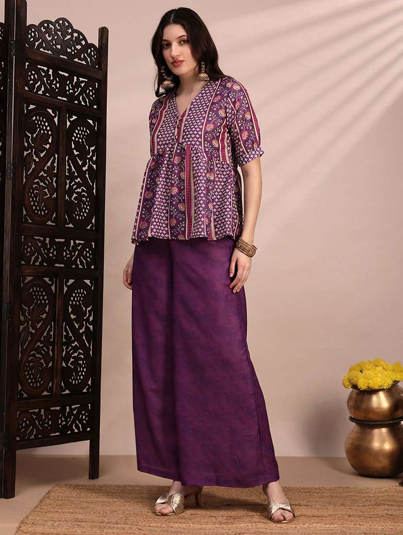globus women purple ethnic print v-neck gathered detail tunic & mid rise wide leg trouser fusion co-ord set - 22263859 -  Standard Image - 1