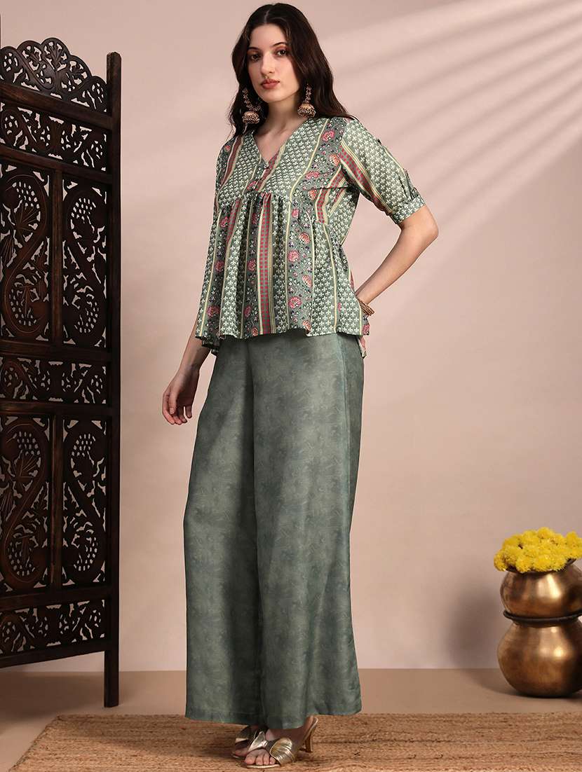 globus women green ethnic print v-neck gathered detail tunic & mid rise wide leg trouser fusion co-ord set - 22263860 -  Standard Image - 1