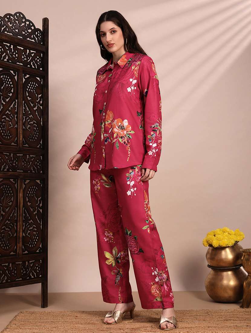 globus women pink allover floral collared neck cuff sleeves shirt & mid rise trouser fusion co-ord set - 22263861 -  Standard Image - 1