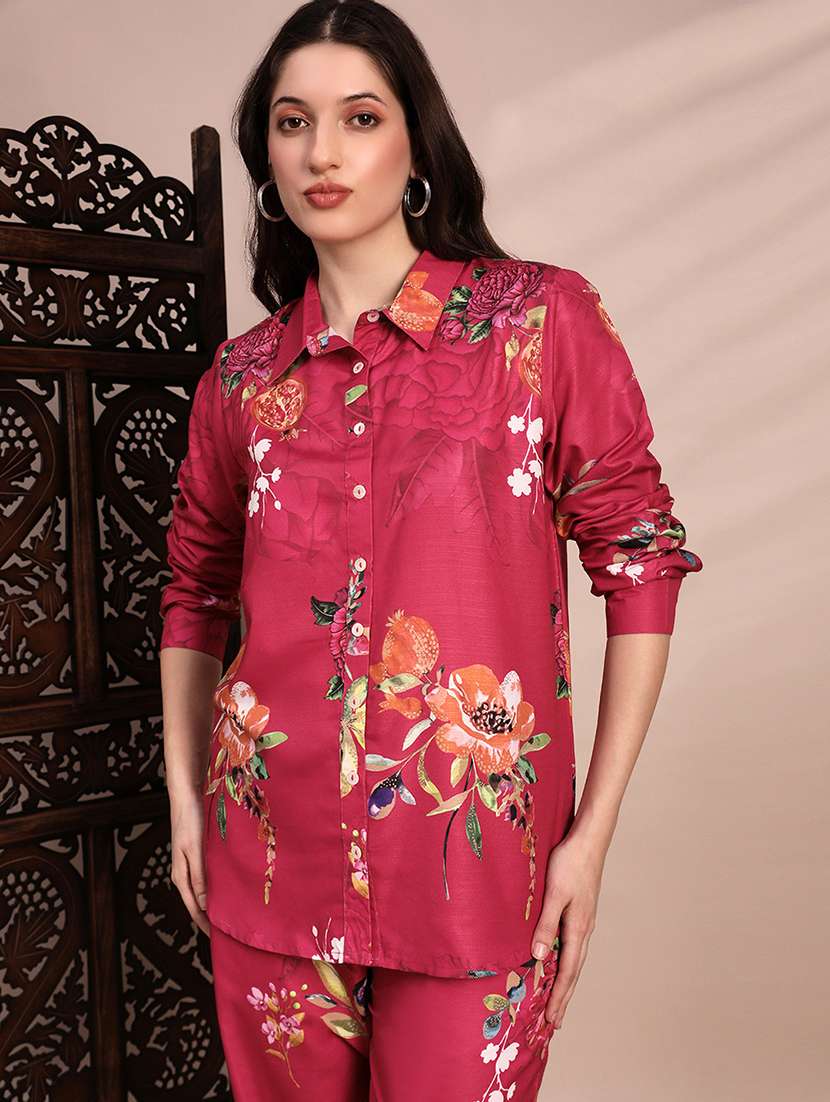 globus women pink allover floral collared neck cuff sleeves shirt & mid rise trouser fusion co-ord set - 22263861 -  Standard Image - 4