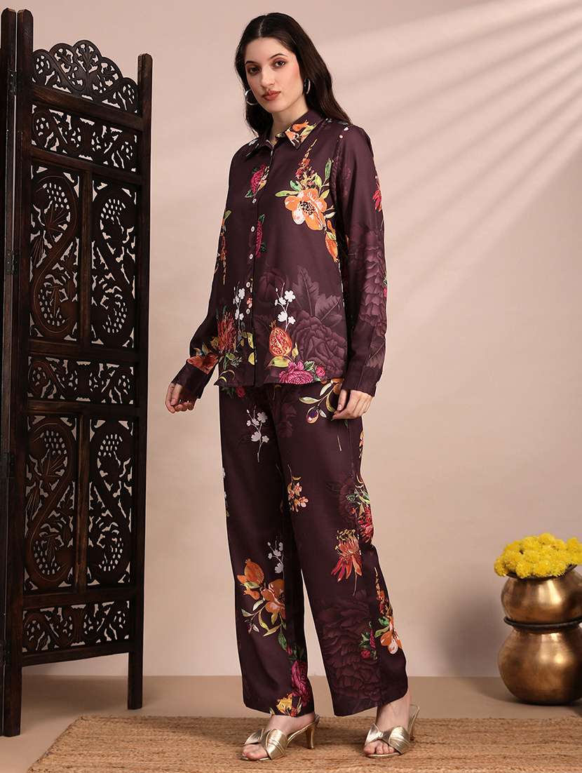 globus women brown allover floral collared neck cuff sleeves shirt & mid rise trouser fusion co-ord set - 22263862 -  Standard Image - 1