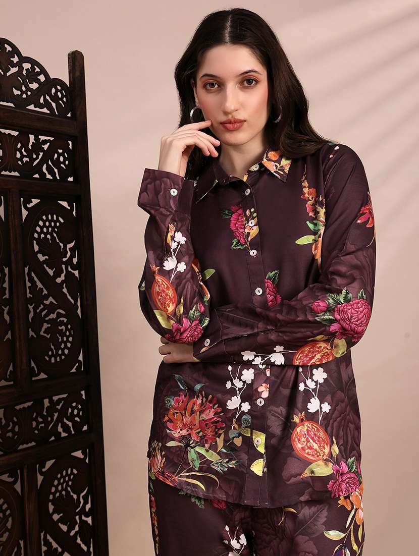 globus women brown allover floral collared neck cuff sleeves shirt & mid rise trouser fusion co-ord set - 22263862 -  Standard Image - 4