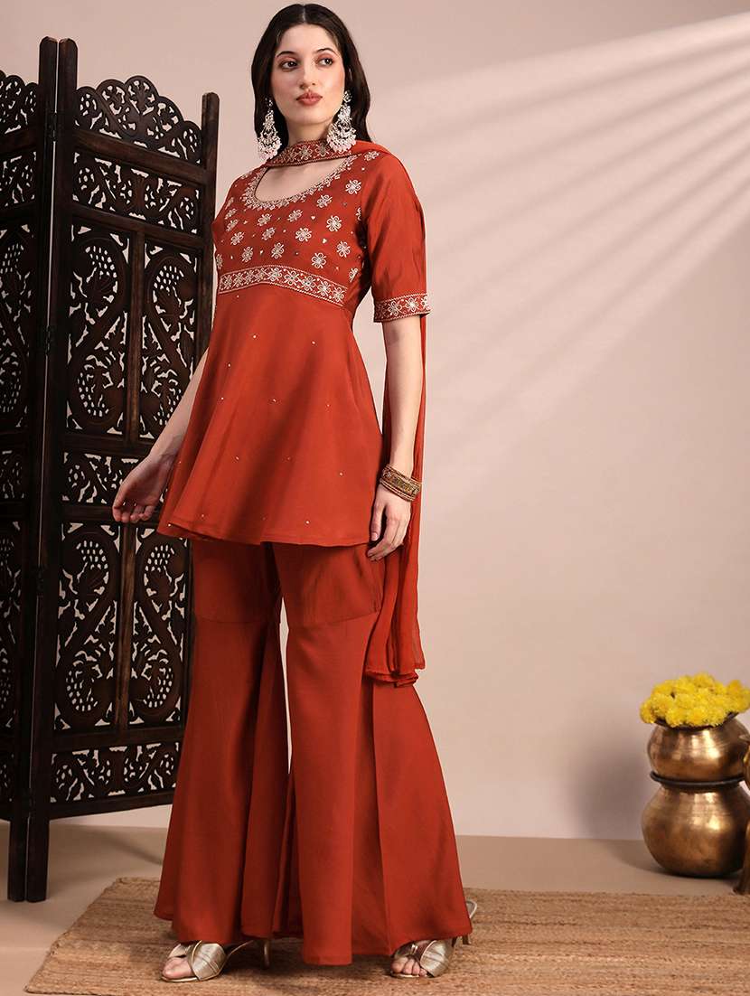 women solid with work short sleeve kurta sharara with dupatta set - 22263864 -  Standard Image - 1