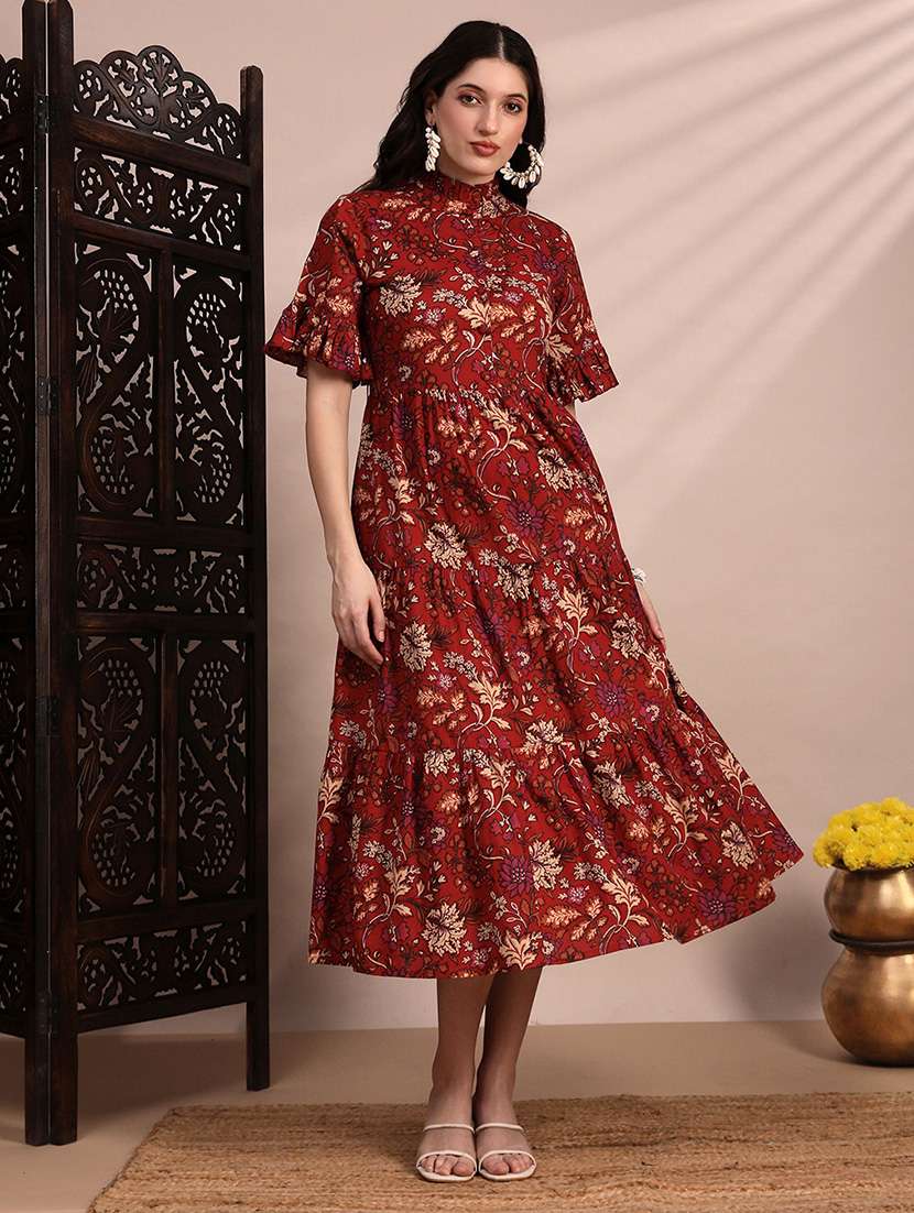 globus women red high neck flounce hem sleeves floral print tiered midi a-line fusion dress - 22263866 -  Standard Image - 1