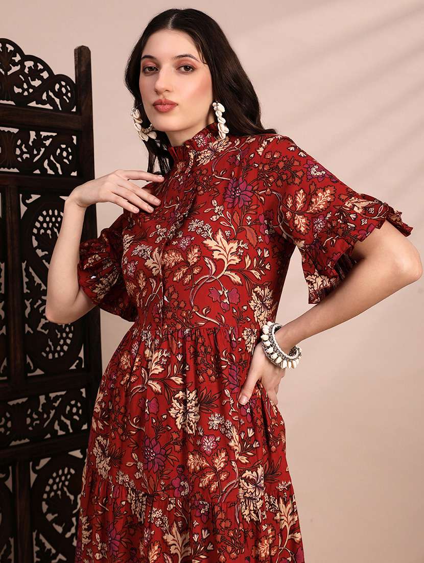 globus women red high neck flounce hem sleeves floral print tiered midi a-line fusion dress - 22263866 -  Standard Image - 4
