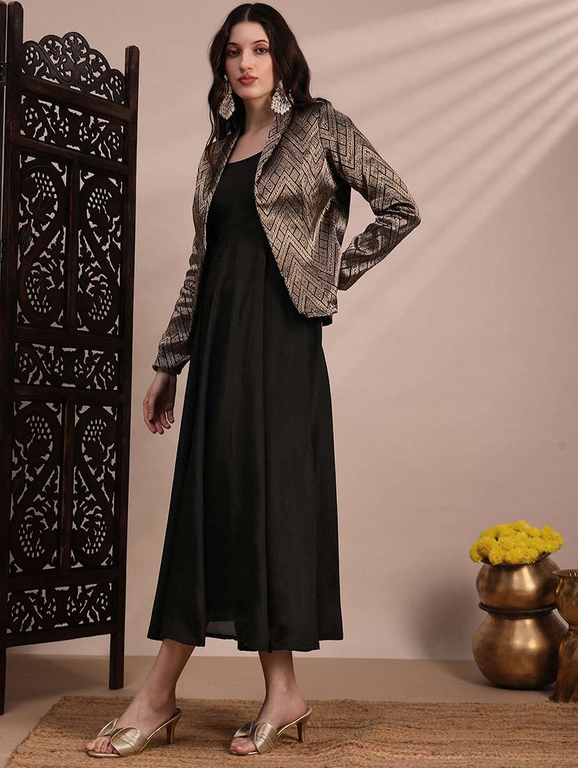 globus women black panelled fit & flare midi dress with shawl lapel self design festive brocade blazer - 22263867 -  Standard Image - 1