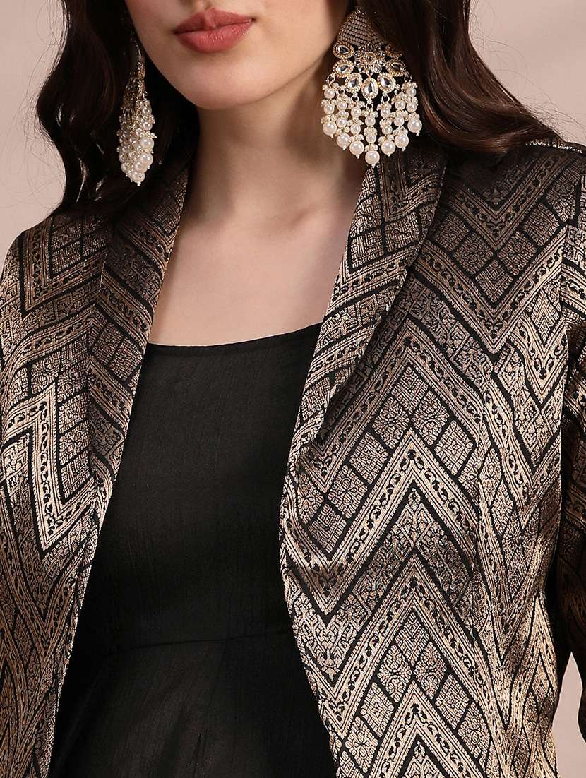 globus women black panelled fit & flare midi dress with shawl lapel self design festive brocade blazer - 22263867 -  Standard Image - 4