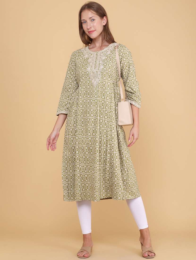 women printed three quarter sleeves a-line kurta