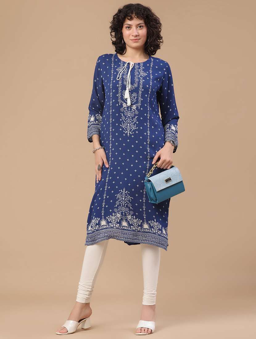 women printed three quarter sleeves straight kurta