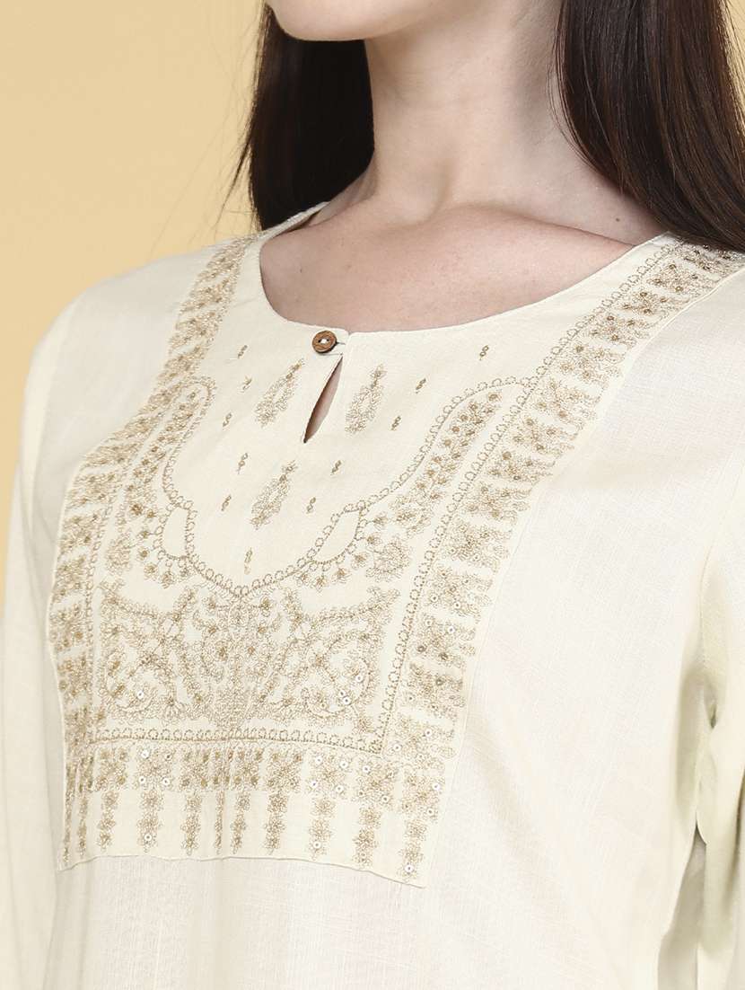 women solid with work three quarter sleeve kurta - 22264128 -  Standard Image - 1