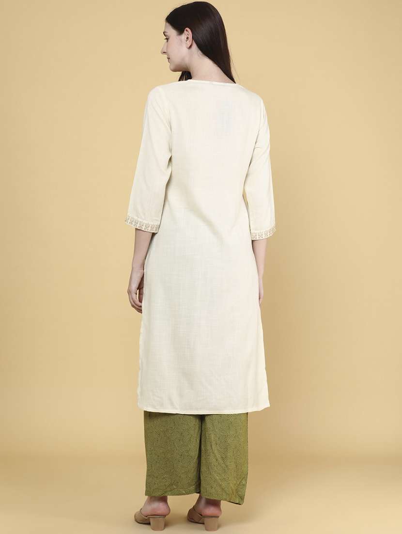 women solid with work three quarter sleeve kurta - 22264128 -  Standard Image - 4
