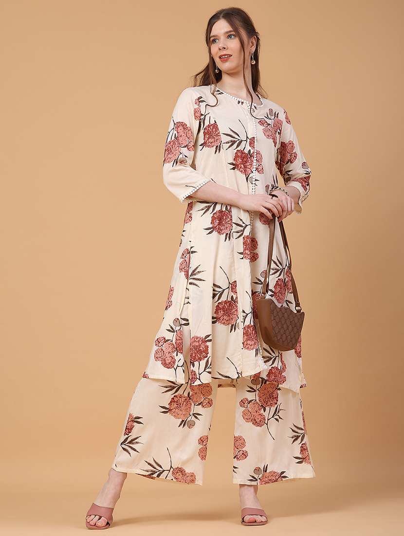 women floral three quarter sleeve ethnic co-ord set