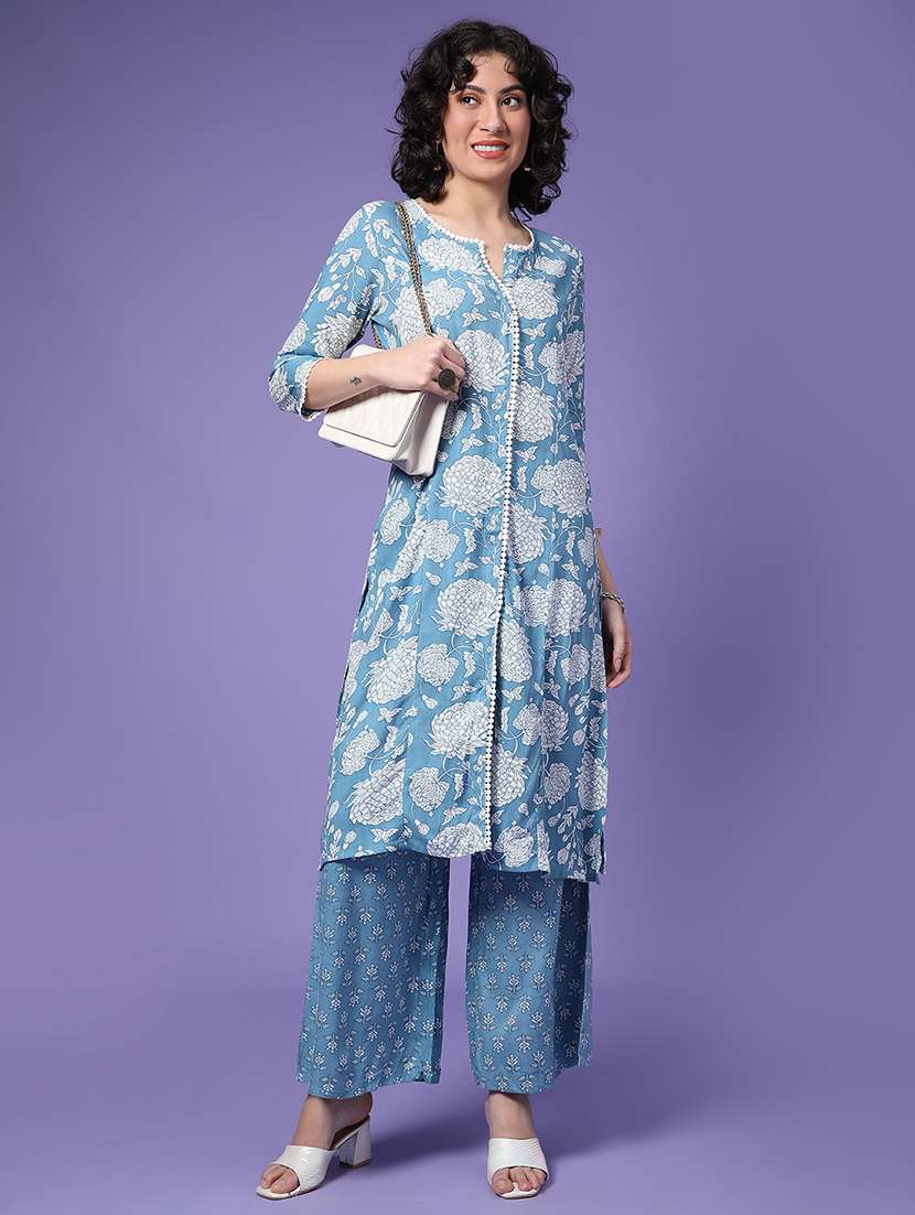 women floral printed three quarter sleeve kurta palazzo set