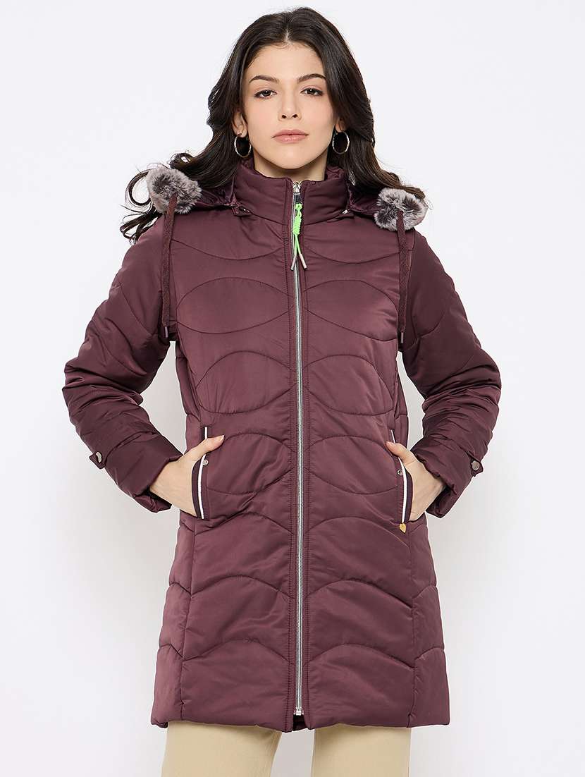 women solid long sleeve hooded quilted jacket