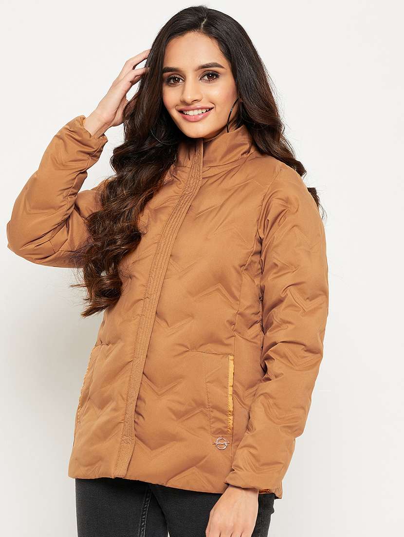 women solid long sleeve quilted jacket