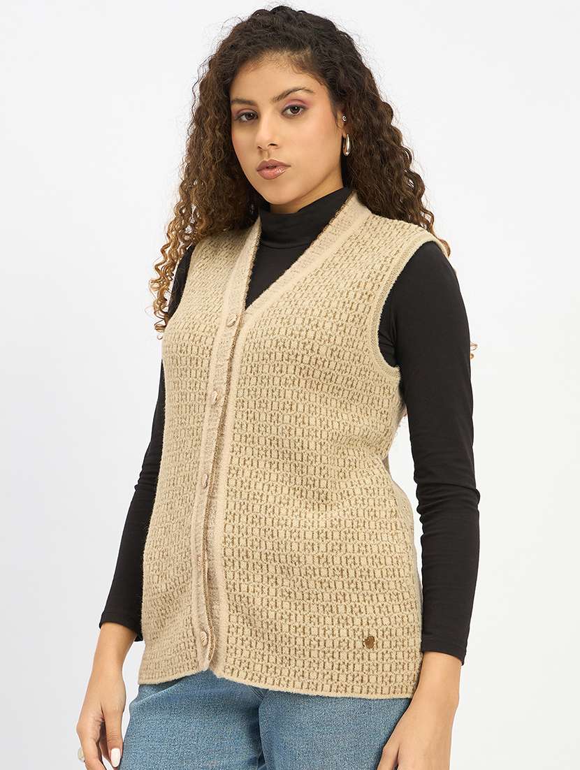 women self designed sleeveless cardigan - 22264327 -  Standard Image - 1