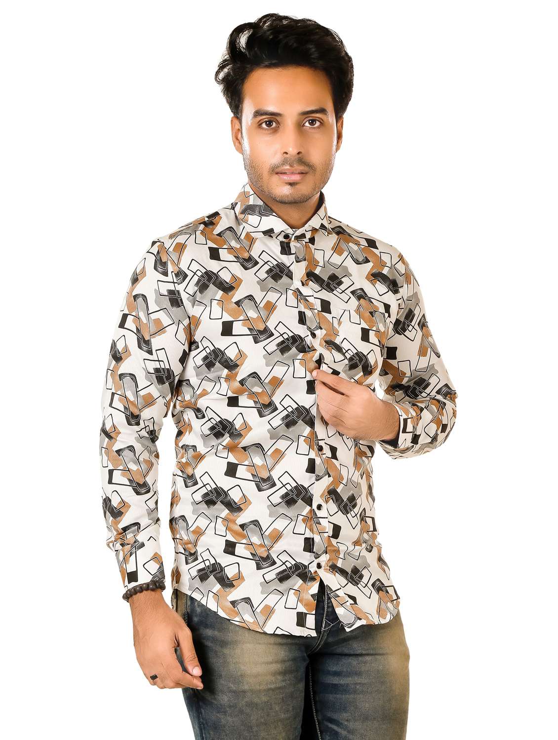 men geometric long sleeve regualr fit casual shirt - 22264481 -  Standard Image - 1