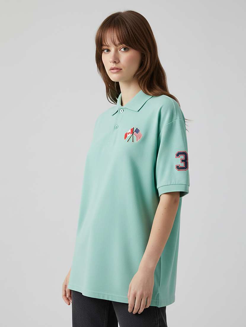 women printed short sleeve oversized polo t-shirt - 22264806 -  Standard Image - 1