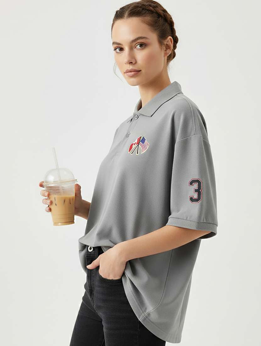 women printed short sleeve oversized polo t-shirt - 22264808 -  Standard Image - 1