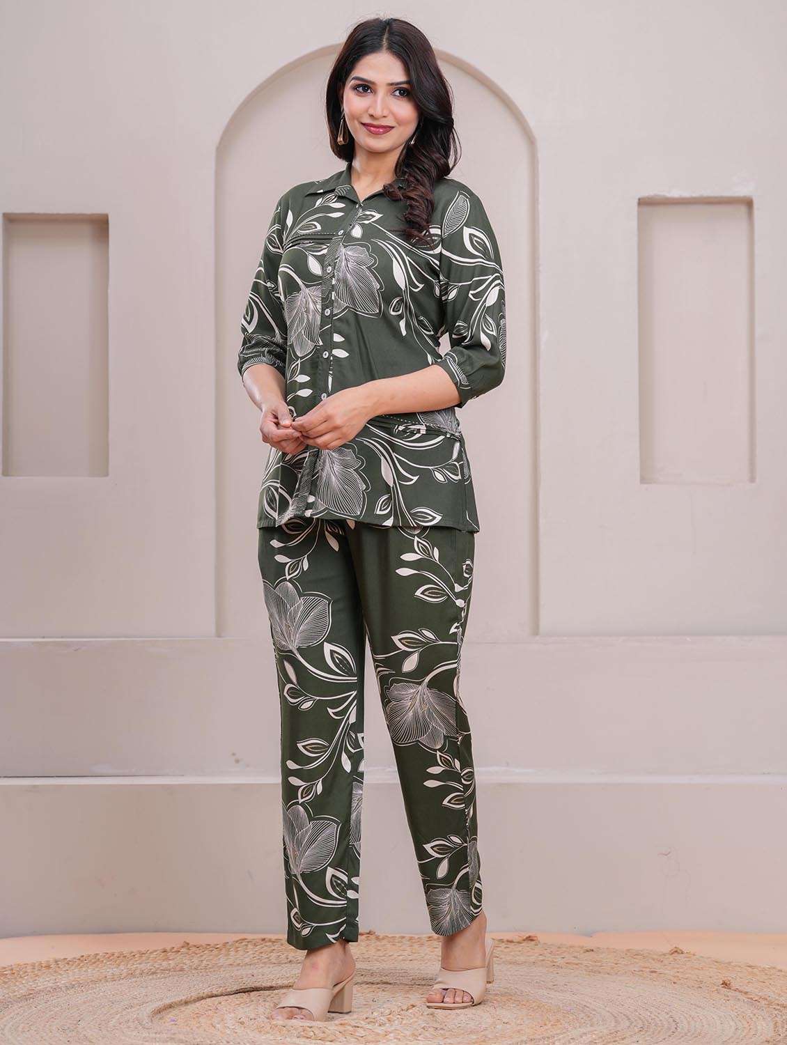women floral three quarter sleeve shirt & trouser co-ord set - 22265081 -  Standard Image - 1