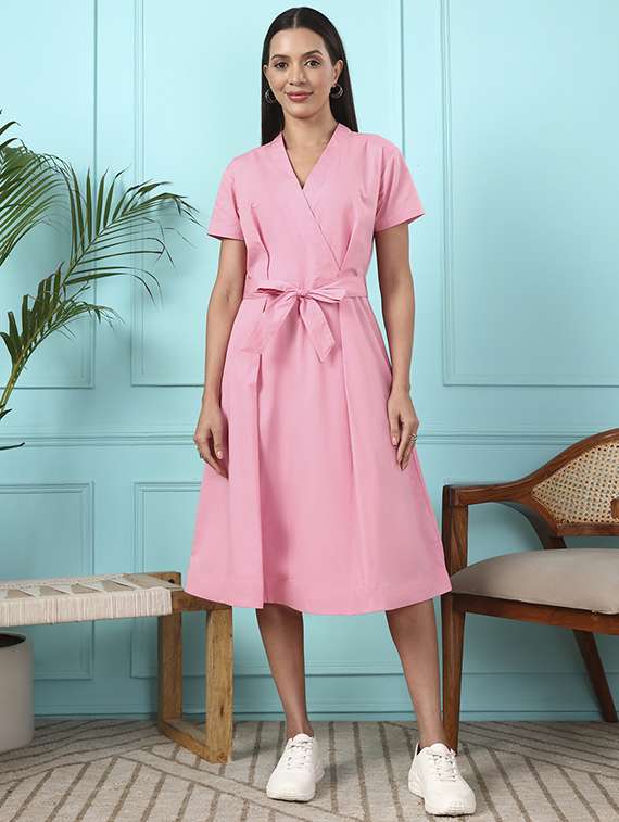 women solid overlap neck a-line dress - 22265126 -  Standard Image - 1