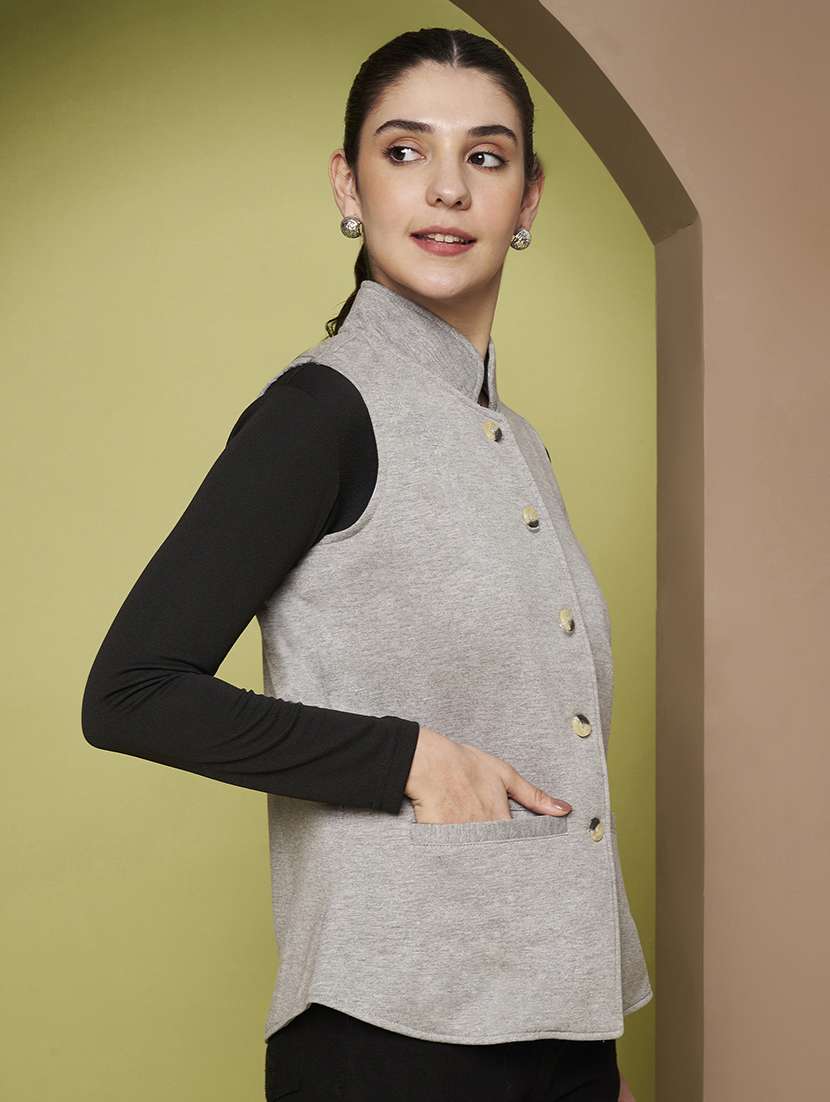 women solid sleeveless stand collar waist coat - 22265131 -  Standard Image - 1