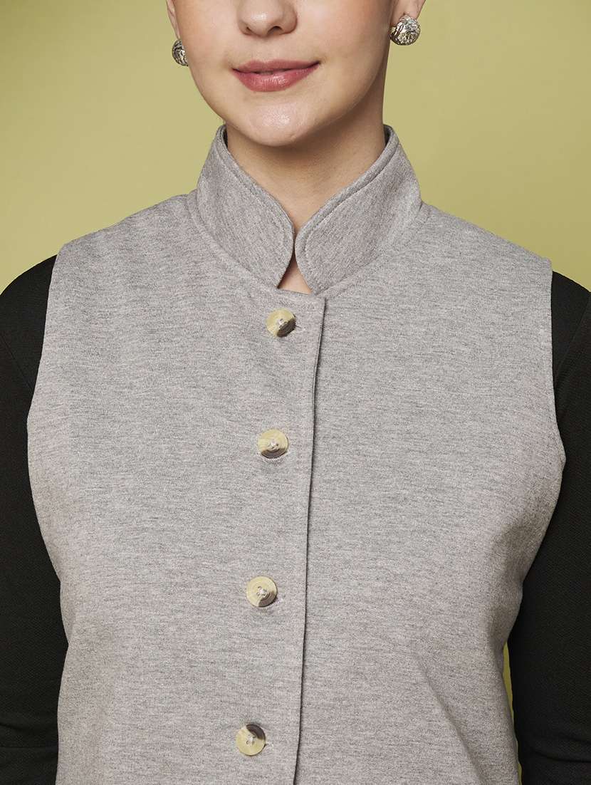 women solid sleeveless stand collar waist coat - 22265131 -  Standard Image - 6