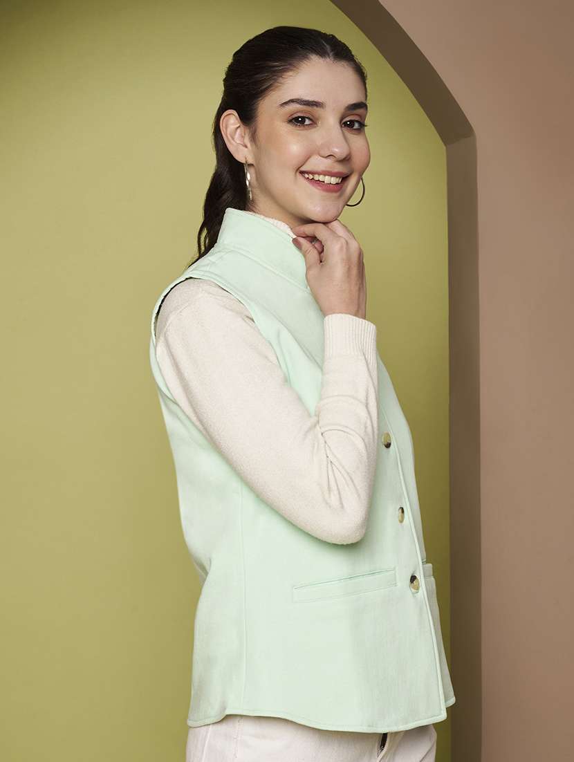 women solid sleeveless stand collar waist coat - 22265132 -  Standard Image - 1