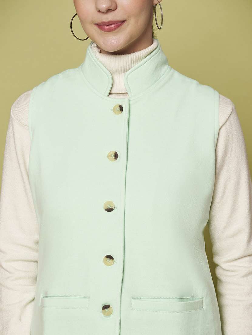 women solid sleeveless stand collar waist coat - 22265132 -  Standard Image - 6