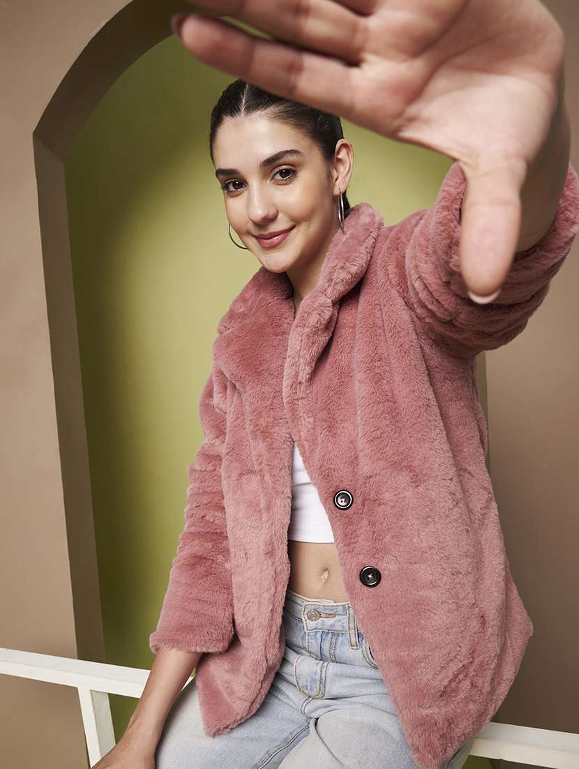 women solid lapel collar long sleeve fur coat - 22265134 -  Standard Image - 1