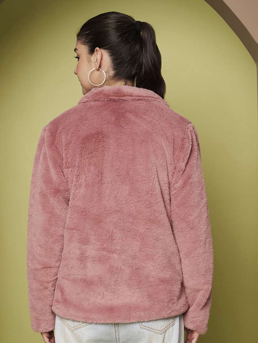 women solid lapel collar long sleeve fur coat - 22265134 -  Standard Image - 4