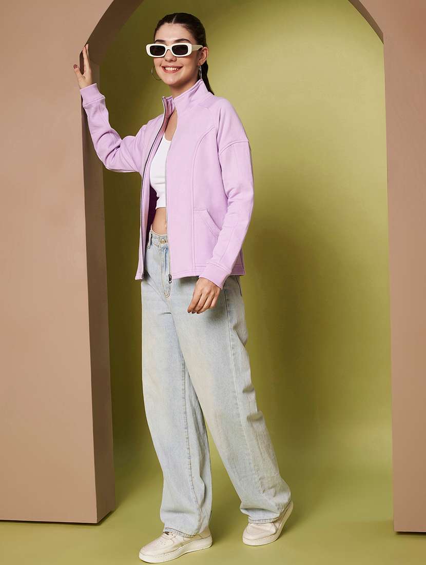 Women Solid Stand Collar Long Sleeve Jacket - 22265137 -  Standard Image - 4