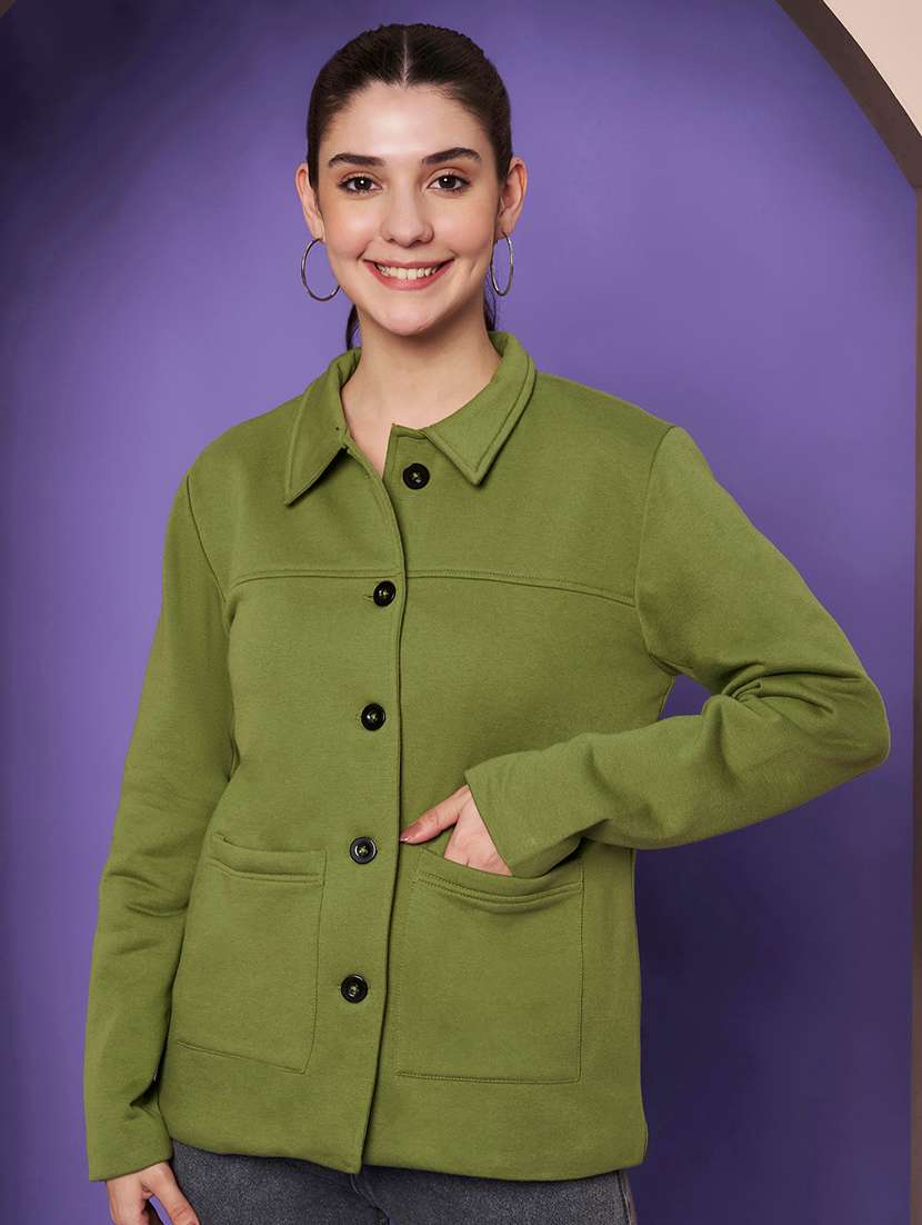 women solid collared long sleeve shacket