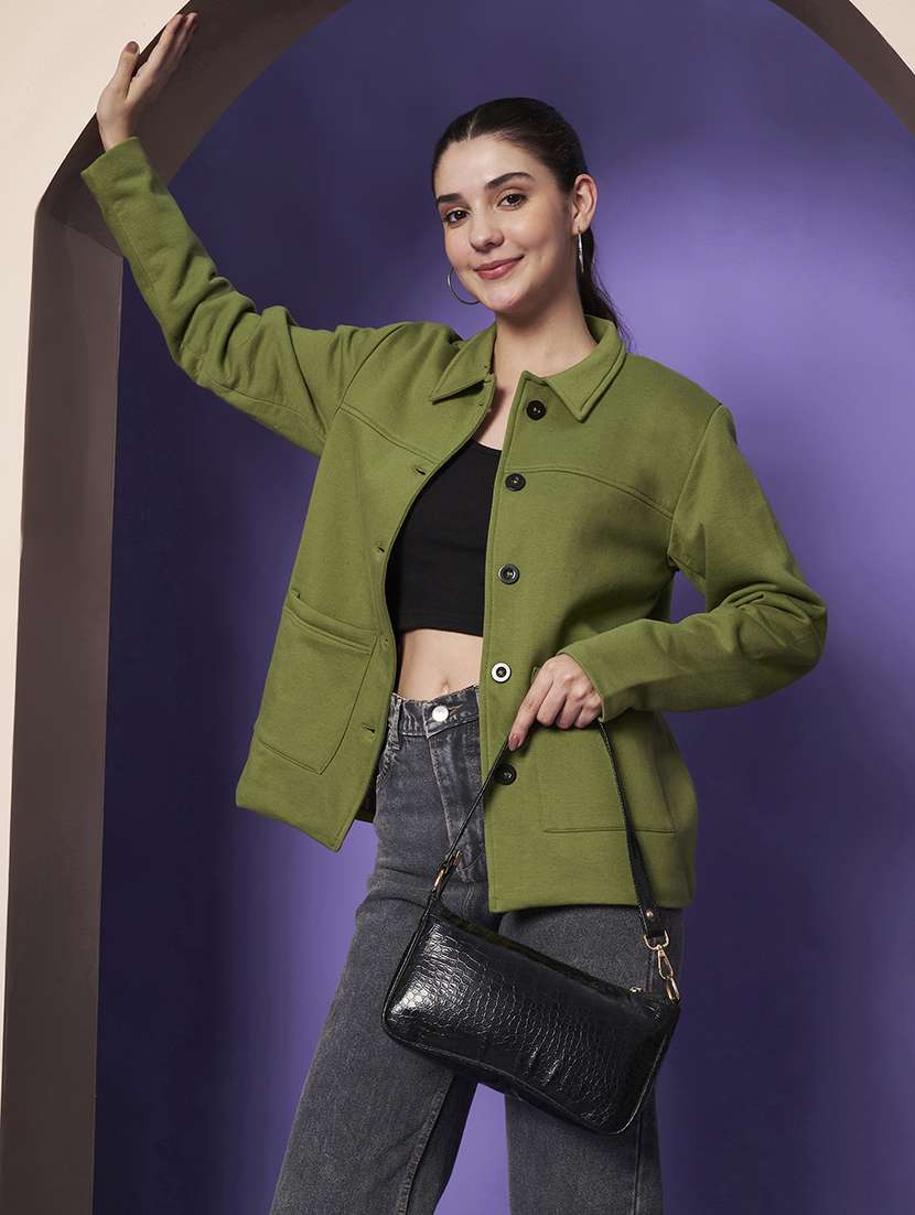 women solid collared long sleeve shacket - 22265139 -  Standard Image - 1