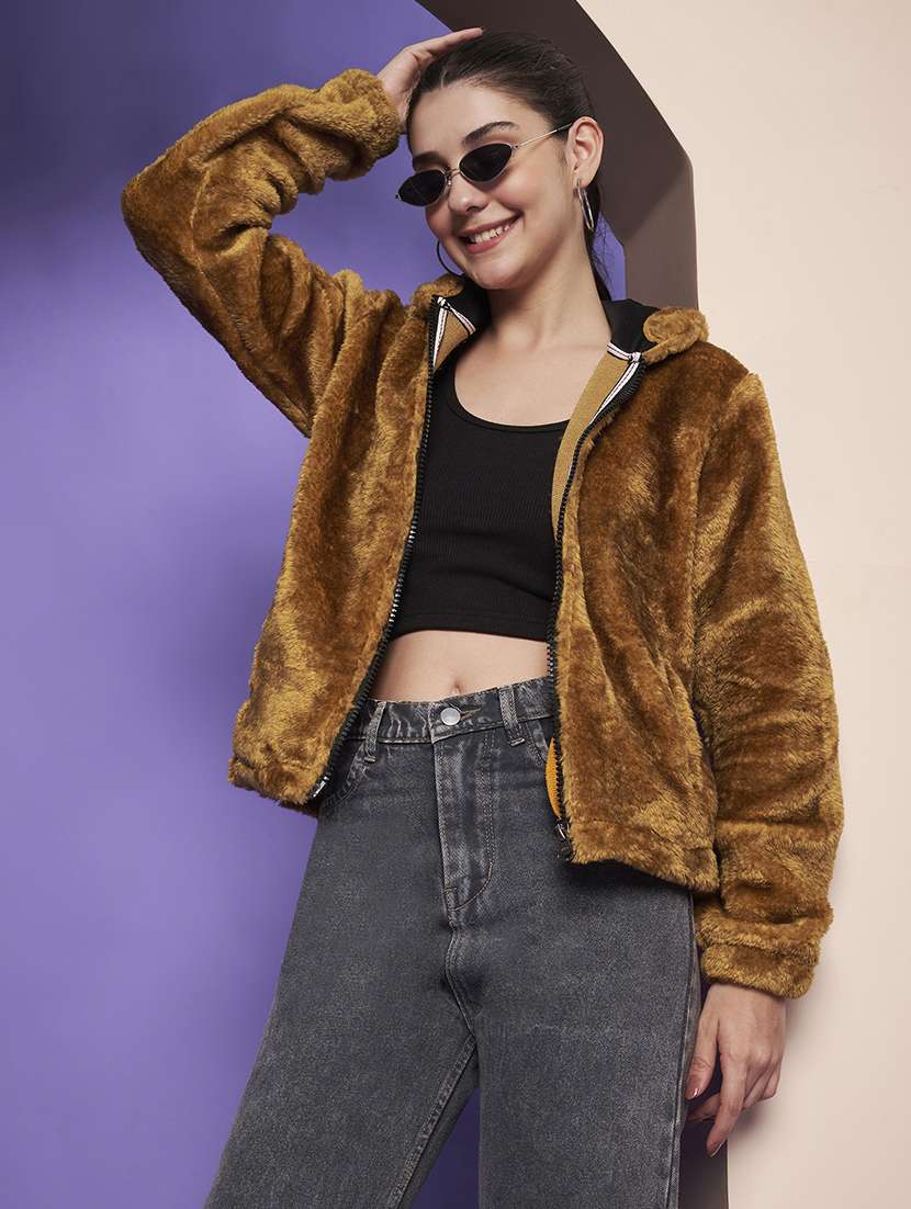 women solid hooded long sleeve fur jacket - 22265142 -  Standard Image - 1