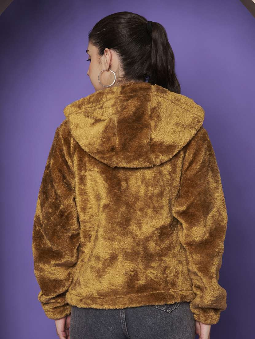 women solid hooded long sleeve fur jacket - 22265142 -  Standard Image - 4