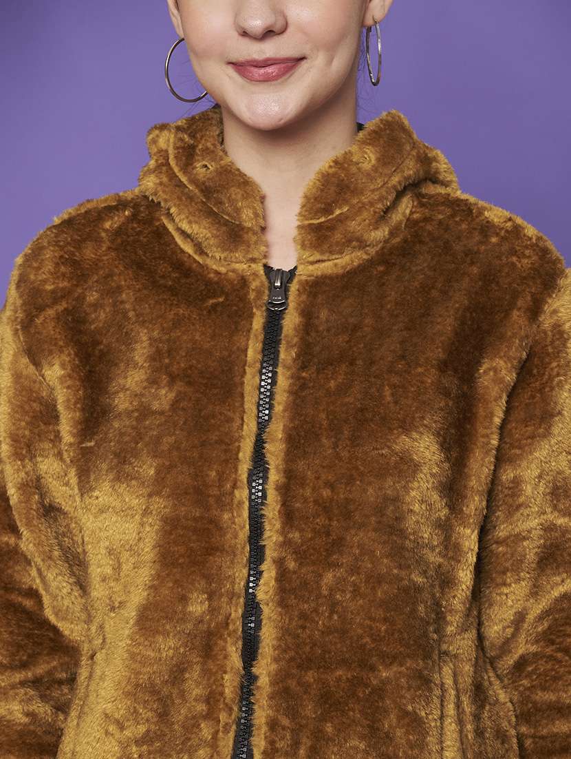 women solid hooded long sleeve fur jacket - 22265142 -  Standard Image - 6