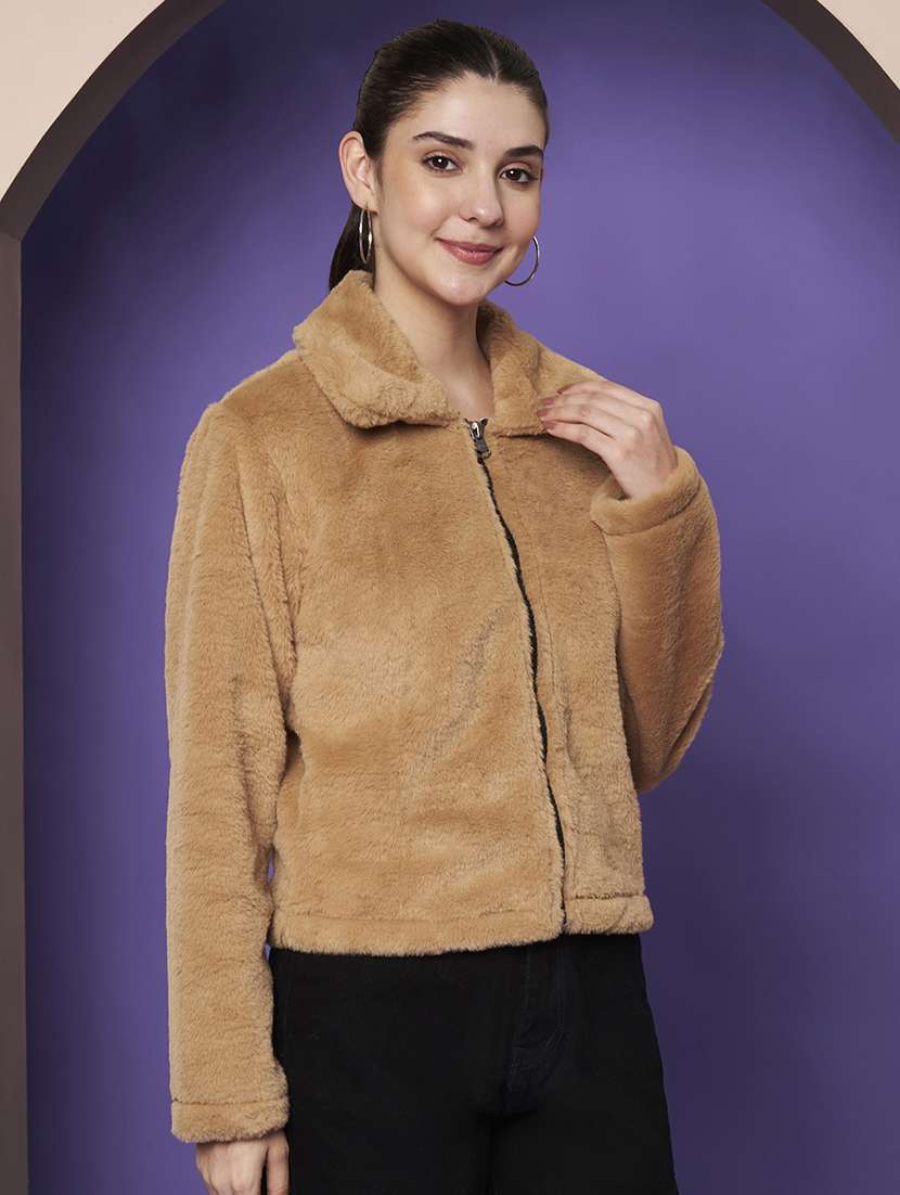 women solid collared long sleeve fur jacket - 22265143 -  Standard Image - 1
